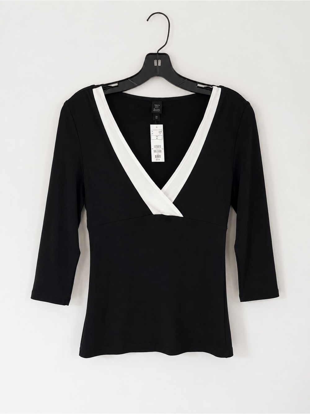 H&M Black Long-Sleeve V-Neck Top with White Contrast
